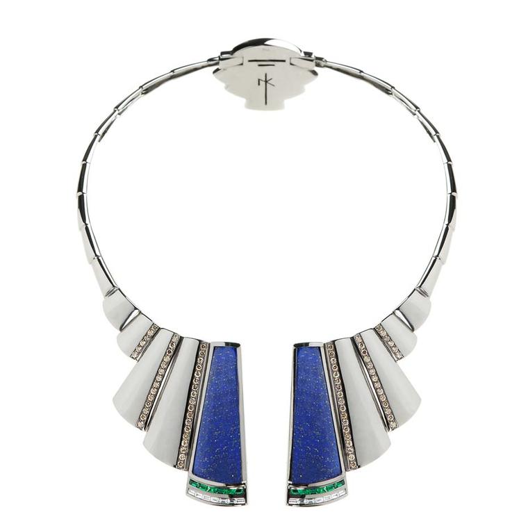 Nikos Koulis Universe necklace with lapis lazuli, brown diamonds and emerald baguettes.
